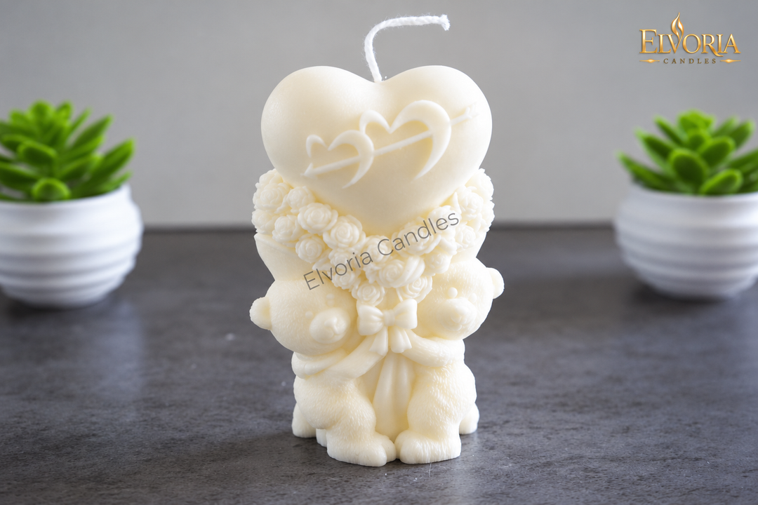 Decorative candle love bears holding heart | Handmade