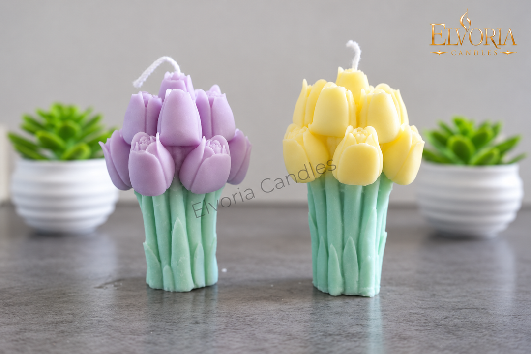 Decoratie kaarsenset tulpen paars & geel | Handgemaakt