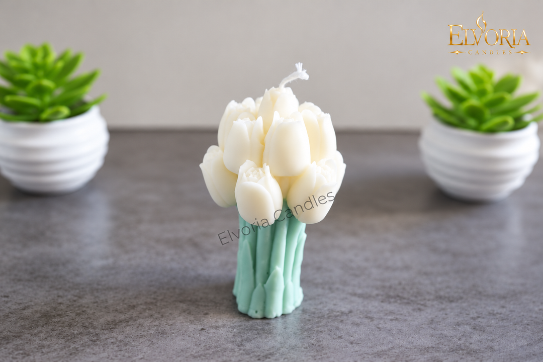 Decorative candle tulip white & mint green | Handmade
